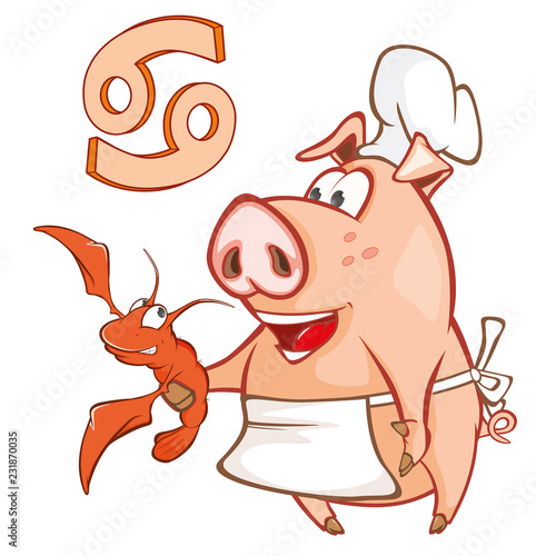  Illustration of a Cute Pig. Astrological Sign in the  Zodiac Cancer. Cartoon Character