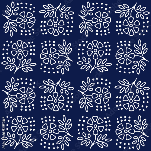 Indigo blue hand drawn vector seamless pattern. Porcelain - style surface design for fabric, wrapping paper or backdrop.