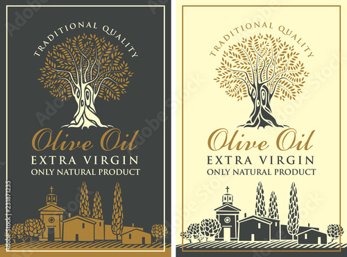 Set of vector banners or labels for extra virgin olive oil with olive tree, calligraphic inscription and with Italian countryside landscape in retro style.