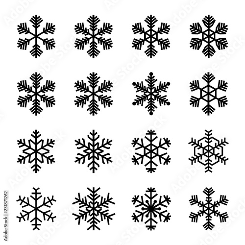 Set of snowflake icons. Beautiful snowflakes of different artistic shapes. Vector Illustration