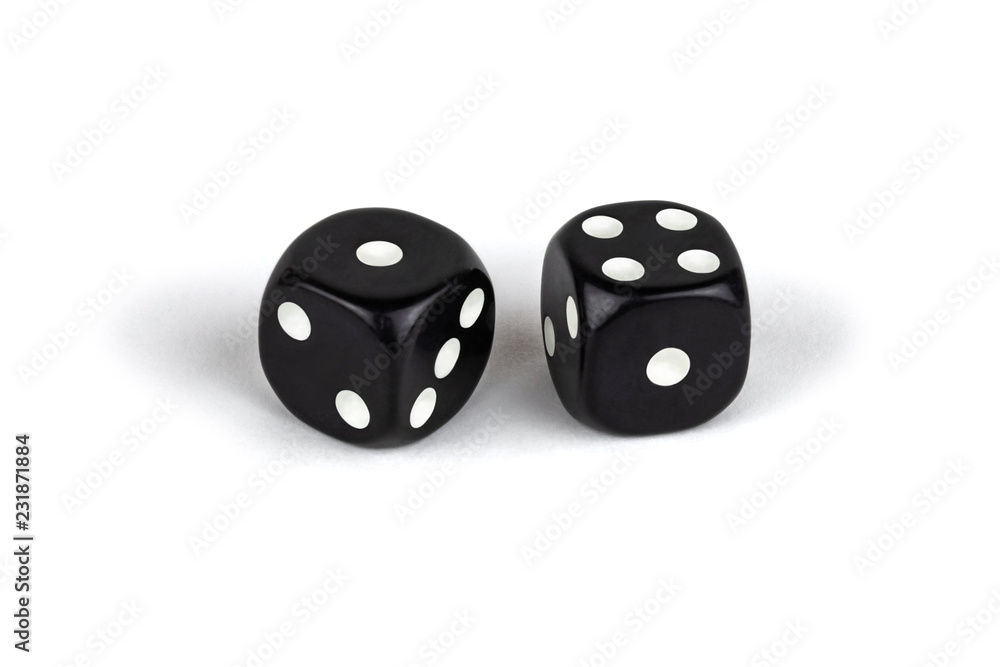 Two black dice isolated on a white background. One and four. Two black dice isolated on a white background. One and four.