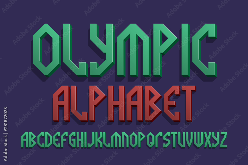 Olympic alphabet. Green 3d letters font. Isolated english alphabet