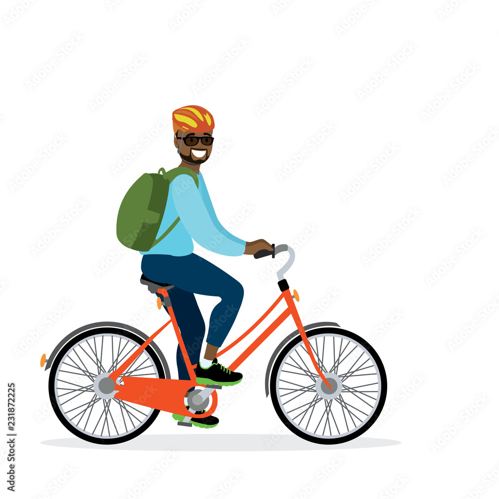 Happy african american male bicyclist with backpack, Happy african american male bicyclist with backpack,