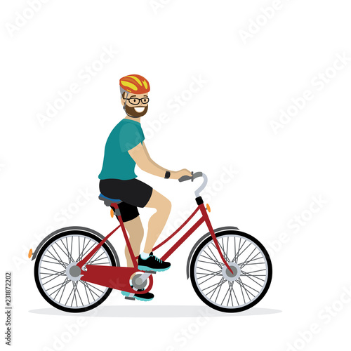 Happy caucasian male bicyclist, isolated on white background,