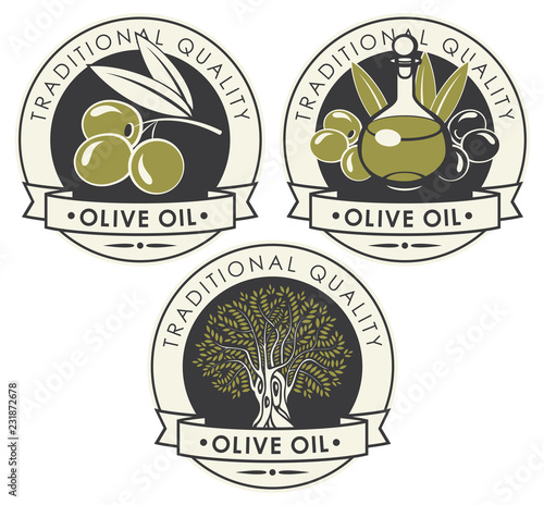 Vector set of three stickers or labels for olive oil of round shape with ribbons in retro style