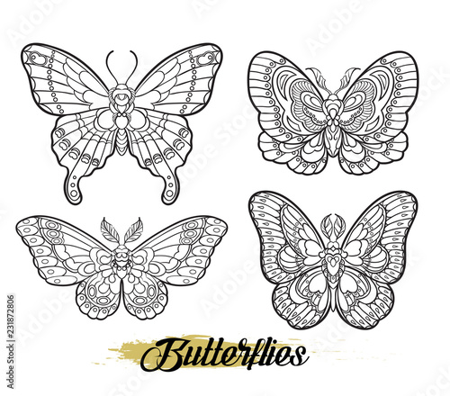 Stylised butterflies isolated on white background. Vector moth illustration line art style. Design for tattoo or t shirt graphic.