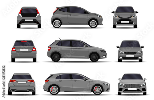 realistic cars set. hatchback. front view, side view, back view.