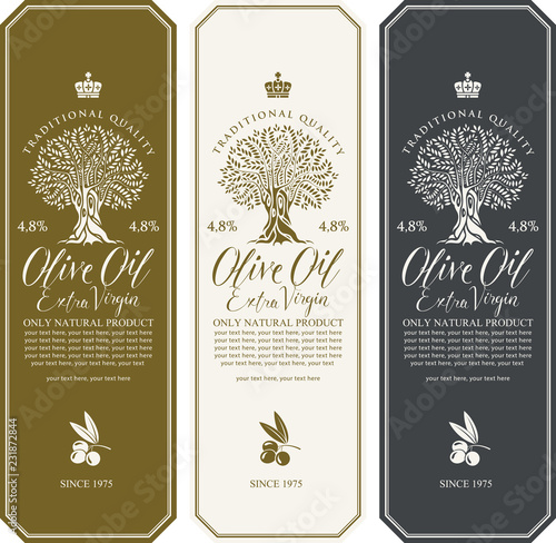 Vector set of three labels for extra virgin olive oil with olive tree, olive sprig, calligraphic handwritten inscription and place for text in figured frame in retro style.