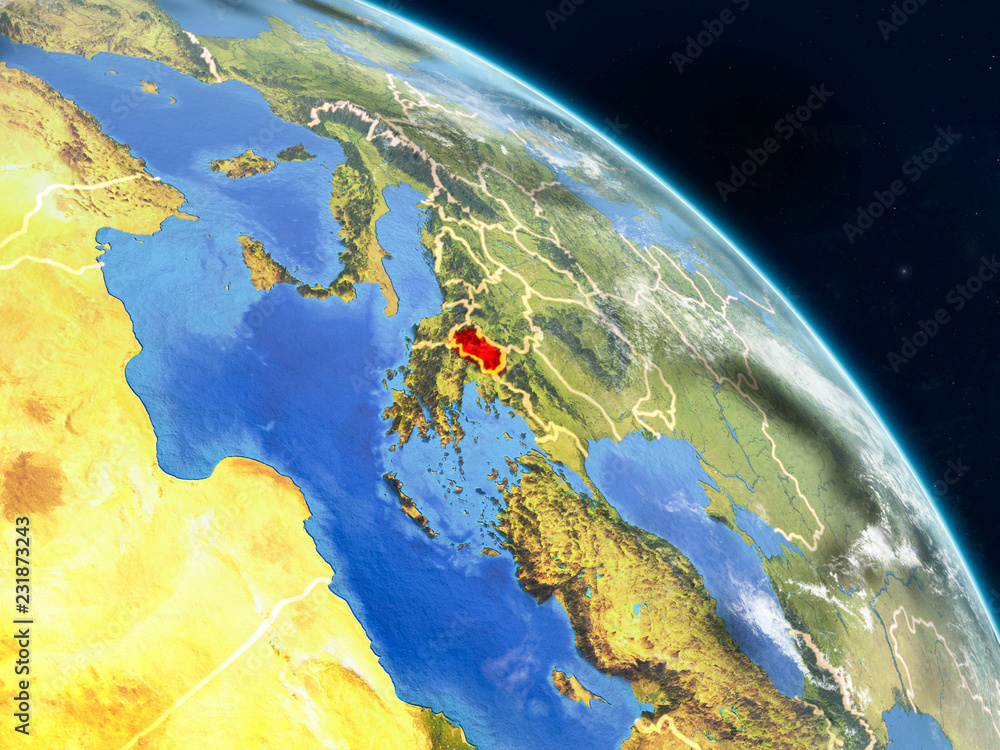 Macedonia from space on realistic model of planet Earth with country borders and detailed planet surface and clouds.