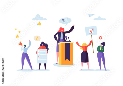 Political Meeting with Female Candidate in Speech. Election Campaign Voting with Characters Holding Vote Banners and Signs. Man and Woman Voters with Megaphone. Vector illustration