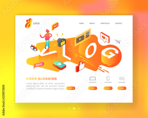Creative Social Media Isometric Concept Landing page template. Video Blogging Content Marketing with Man Vlogger Recording Video. Vector illustration