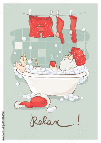 Santa after work / Grandfather relaxing in a bath with a cup of hot drink, funny postcard