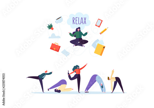 Businesswoman Meditating on Stressful Office Work. Business Characters in Various Relaxation Poses. Meditation Yoga Group Team. Vector illustration