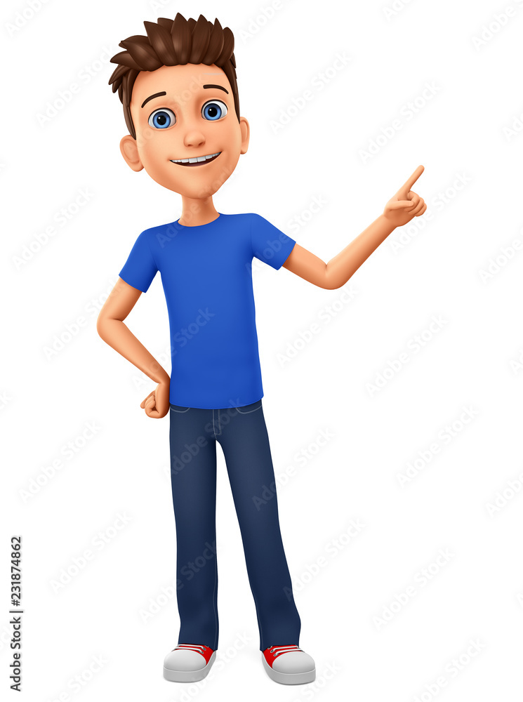 The guy character points his finger at an empty space on a white background. 3d rendering. Illustration for advertising. The guy character points his finger at an empty space on a white background. 3d rendering. Illustration for advertising.