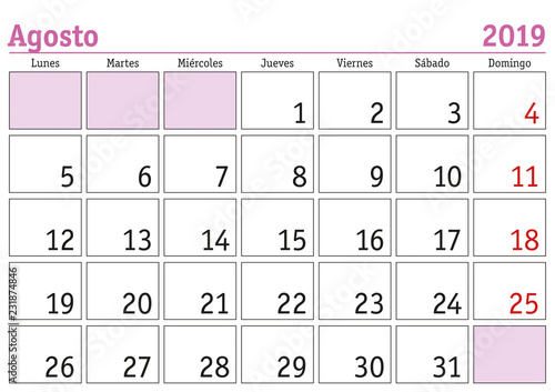 Agosto 2019 wall calendar spanish