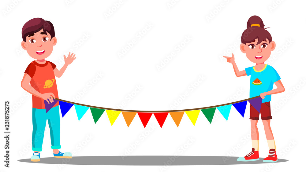 Two Children Holding A Rope With Colored Party Flags Vector. Illustration Two Children Holding A Rope With Colored Party Flags Vector. Illustration