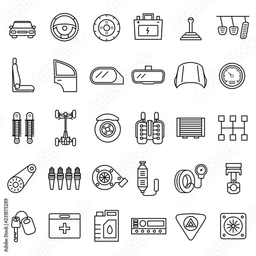 Car Part Signs Black Thin Line Icon Set. Vector