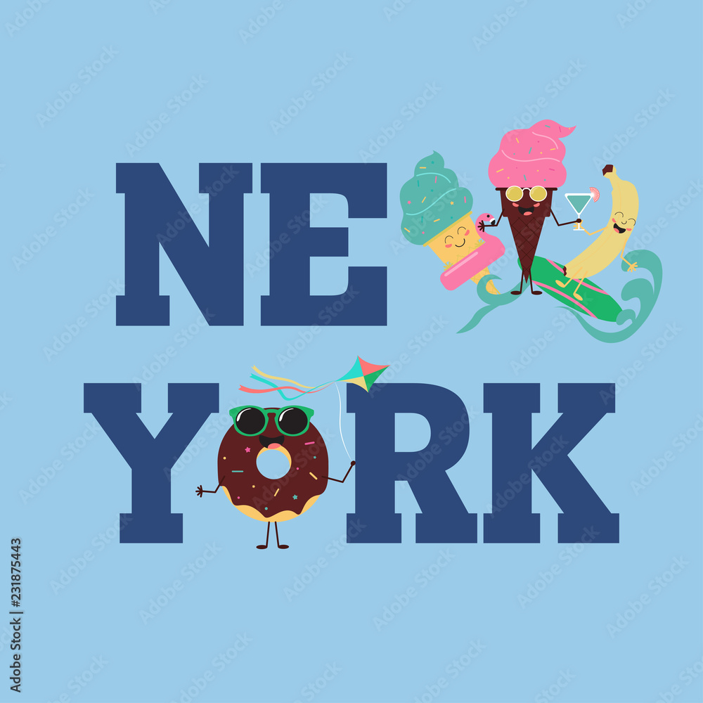 Fototapeta premium New York Brooklyn Sport wear typography emblem, t-shirt print, athletic apparel design vector illustration team Summer sweets. Color ice cream and fruit