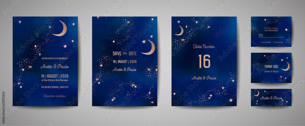 © wooster - Mystical Night sky background with half moon and stars. Wedding moonlight night Invitation and Save the Date Card in vector © wooster - Mystical Night sky background with half moon and stars. Wedding moonlight night Invitation and Save the Date Card in vector