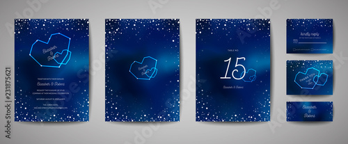Starry Night Sky Trendy Wedding Invitation Card, Save the Date Celestial Template with Galaxy, Space, Stars Illustration in vector