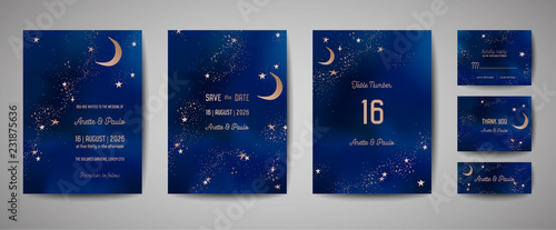 Mystical Night sky background with half moon and stars. Wedding moonlight night Invitation and Save the Date Card in vector photo