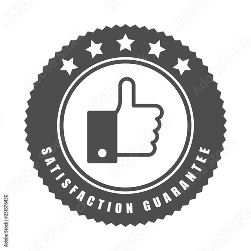 Satisfaction guarantee word, thumbs up or like and five star symbol on circle jagged edge badge vector. Minimalist style, simple design, black and white color.
