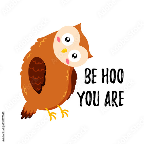 Cute cartoon funny owl. Vector doodle illustration. Template for print, web design photo