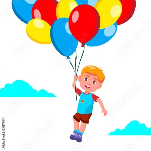 Happy Child Boy Flying In The Sky On Balloons Vector. Illustration