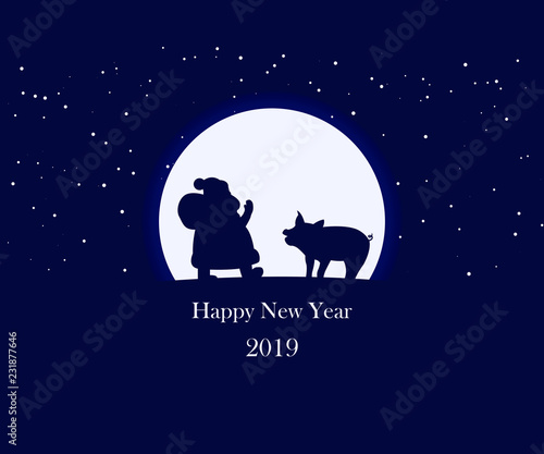 Happy new year background for 2019. Merry Christmas banner. Santa Claus with symbol 2019. Pig. Night sky. Silhouette of Santa.