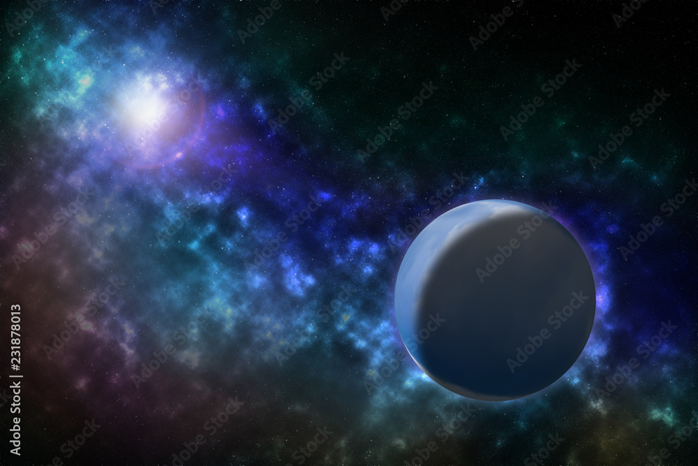 Obraz premium Blue planet and sun in space. Colorful galaxy in universe, dust and stars. Background.
