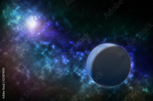 Fototapeta Naklejka Na Ścianę i Meble -  Blue planet and sun in space. Colorful galaxy in universe, dust and stars. Background.