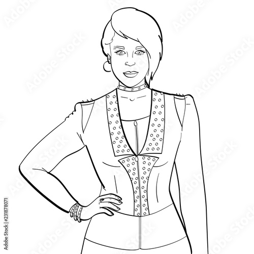 children coloring, black lines. Young girl Punk subculture, rockers. Vector