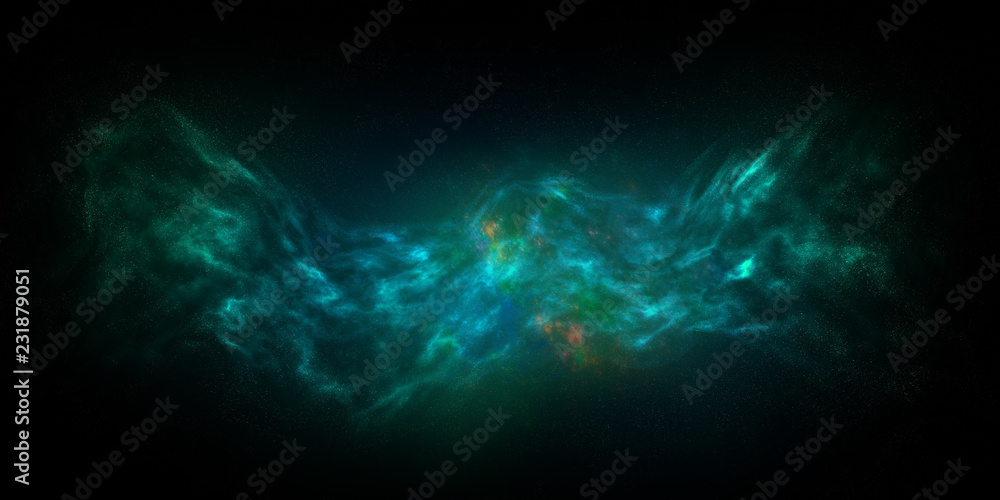 Space Nebula, on black background green color nebula