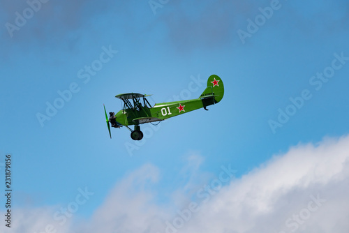 Soviet single-engine biplane Policarpov Po-2 or U-2 at an air show in Mochishche