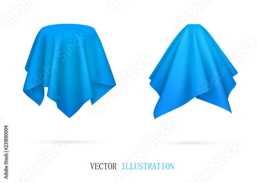 Objects covered with blue cloth.