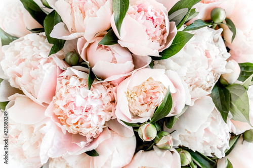 Fototapeta Naklejka Na Ścianę i Meble -  Bouquet of a lot of peonies of pink color close up. Flat lay, top view. Peony flower texture.