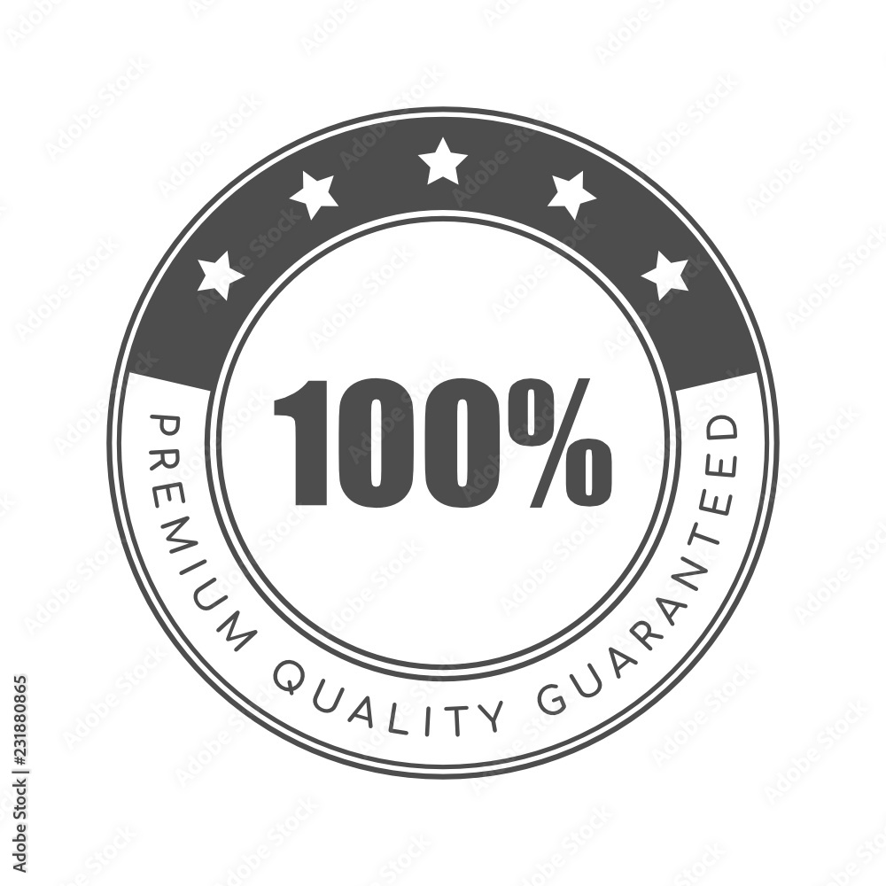 100% premium quality guaranteed word and five star on circle badge vector. Minimalist style, simple design, black and white color. 100% premium quality guaranteed word and five star on circle badge vector. Minimalist style, simple design, black and white color.