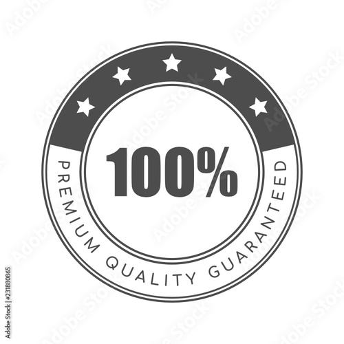 100% premium quality guaranteed word and five star on circle badge vector. Minimalist style, simple design, black and white color.