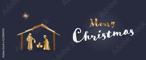 Christmas time. Nativity scene with Mary, Joseph and baby Jesus. Text : Merry Christmas