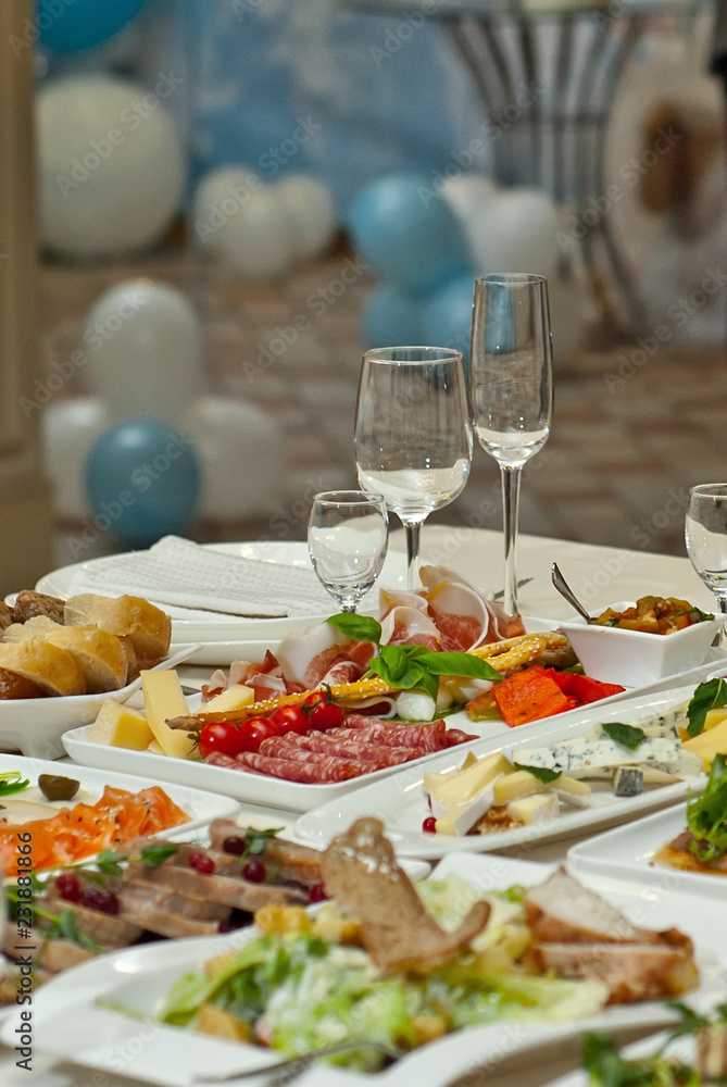 delicious dishes on the table in the restaurant. serving table.