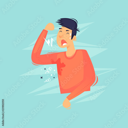 Man sweated, unpleasant smell, heat. Flat design vector illustration