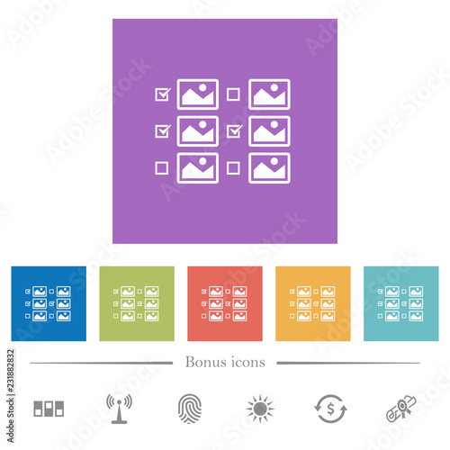 Multiple image selection with checkboxes flat white icons in square backgrounds