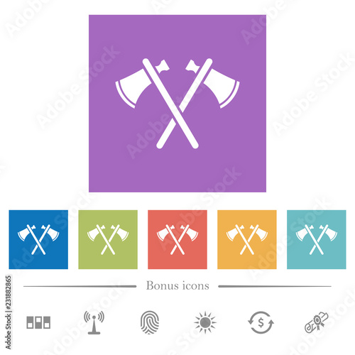 Two tomahawks flat white icons in square backgrounds
