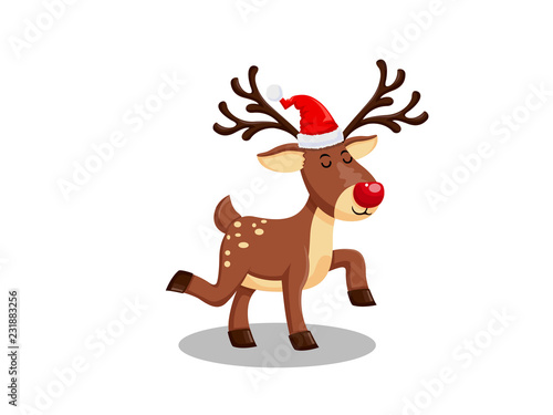 Vector Illustration Little reindeer with a red nose on a white background. Merry Christmas and happy new year. decorative element on holiday. Greeting card design.