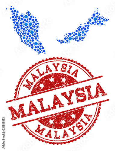 Compositions Of Blue Map Of Malaysia And Red Grunge Stamp Seal Mosaic Map Of Malaysia Is Composed With Connections Between Circle Points Flat Design Elements For Political Posters Stock Vector Adobe