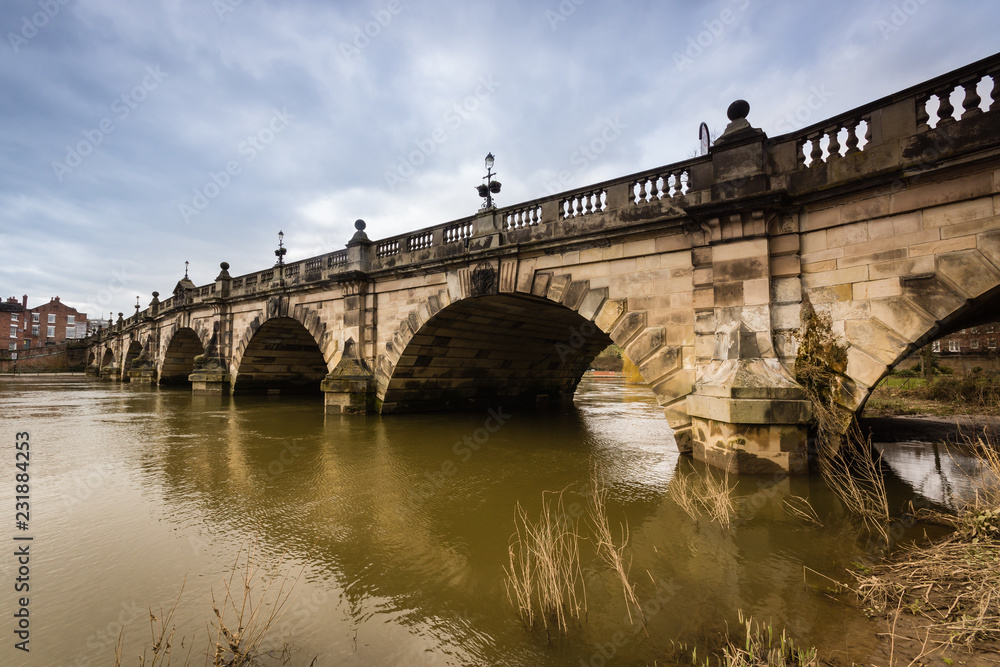 The English Bridge crossing the River Severn in Shrewsbury built from 1774 connecting Wyle Cop with the town centre