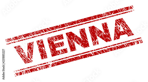 VIENNA seal print with distress effect. Red vector rubber print of VIENNA text with unclean texture. Text tag is placed between double parallel lines.