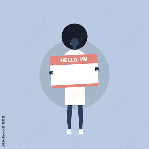 "Hello, I'm" badge. Young black female character introducing herself/ Flat editable vector illustration, clip art