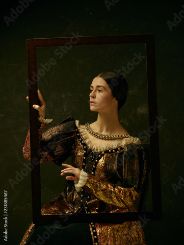 Portrait of a girl wearing a princess or countess dress over dark studio. portrait through picture frame