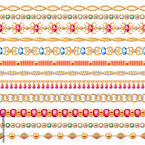 Colorful gemstones seamless horizontal borders set.